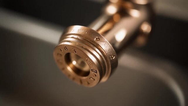 Closeup of a brass faucet aerator with engraved markings