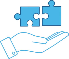 Obraz premium Helpful hand holding blue puzzle pieces connecting for teamwork solution concept vector