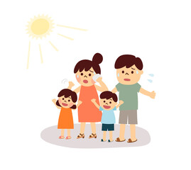 夏を楽しむ子どもと暑そうな夫婦