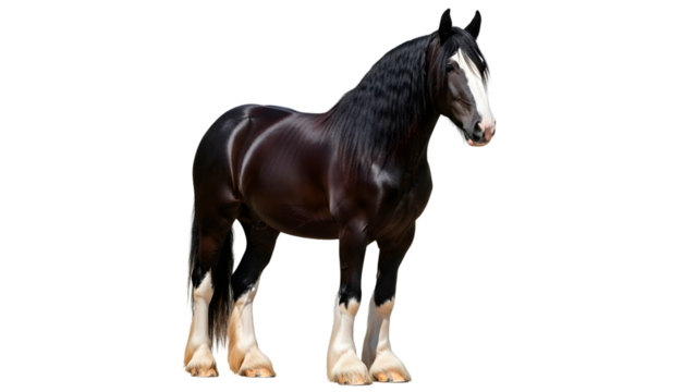 dark draft horse with flowing mane and feathered legs standing proudly on isolated background