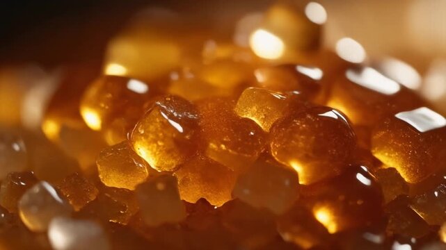 Closeup of ambercolored translucent cubes with liquid poured over them