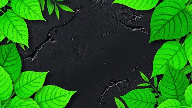 Vibrant green leaf border on textured dark background with copy space
