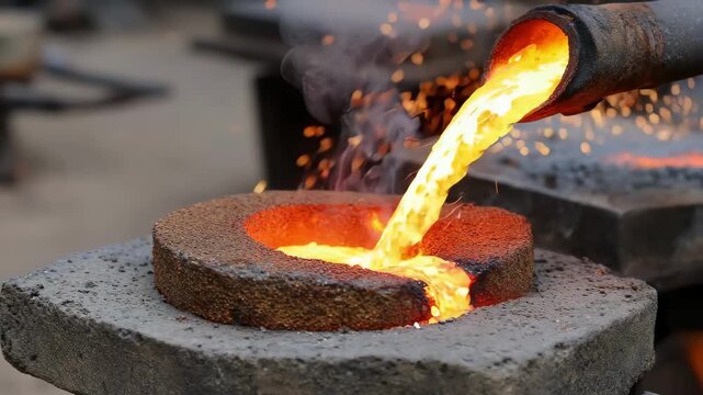 Medium shot of coarse sand mold pouring liquid aluminum highlighting rugged texture and traditional casting techniques in industrial metalwork.