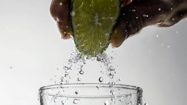 Hand squeezing lime wedge over glass with splashing juice