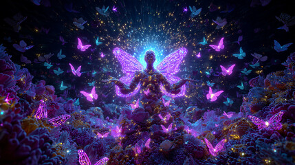 Mystical ethereal fairy woman emanating light surrounded by swirling bioluminescent butterflies