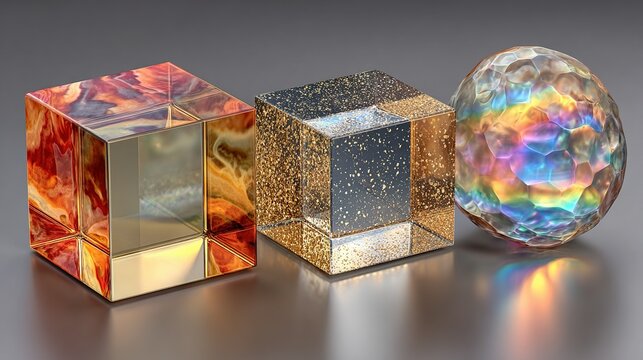 Three decorative glass objects cube and sphere shapes on a gray surface.