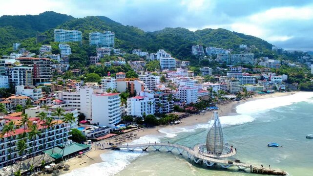 Aerial Drone View of Playa de los Muertos Beach and Pier Puerto Vallarta Mexico #2