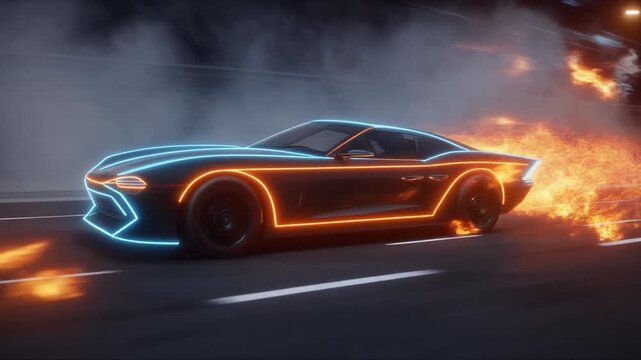 Futuristic sports car speeding with glowing neon blue and orange lights, featuring realistic fire flames trailing from the wheels on a dark blurred background.