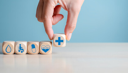 A hand places a health symbol block with other healthcare icons, illustrating concepts of wellness, medical care, and well-being on a light surface.