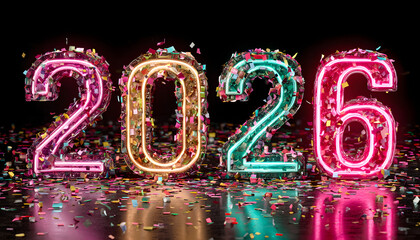 Bright neon glowing numbers 2026 with colorful confetti falling down and reflection on black background