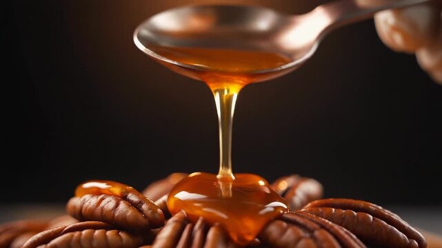Spoonful of honey dripping onto pecans
