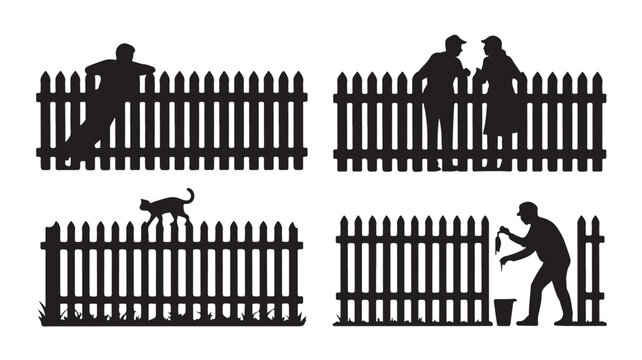 Silhouettes of people interacting with a picket fence vector illustration of neighbors talking painting climbing and a cat walking on a fence
