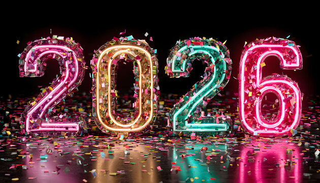 Bright neon glowing numbers 2026 with colorful confetti falling down and reflection on black background - Powered by Adobe