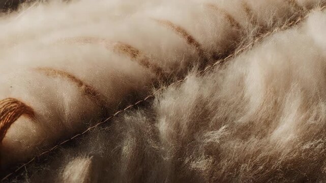 Textile closeup with tufted fibers and stitching