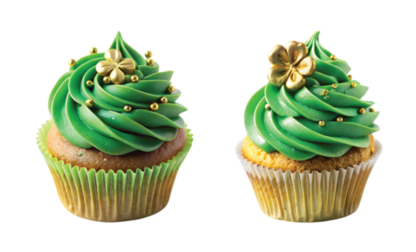 Shamrock Green Cupcake with Gold Sprinkles: A St. Patrick’s Day green frosted cupcake topped with edible gold sprinkles and a small shamrock topper, bakery-style presentation, PNG cut out.