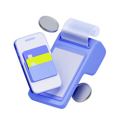 3D icon of a pos machine with a smartphone and floating coins For mobile pos payment, digital wallet, cashback reward, and smart retail.