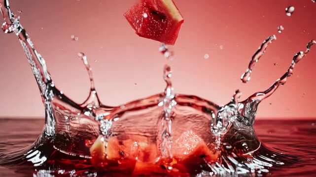 Watermelon slices splashing into red liquid creating a crown splash - Powered by Adobe