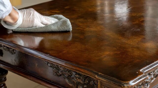 Medium shot of a worker smoothing polyurethane coating over a table highlighting durable stain resistance and subtle engraved designs for effortless cleaning.