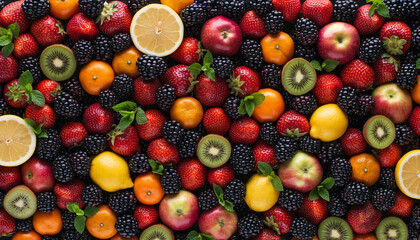 A vibrant assortment of fresh fruits, including strawberries, blackberries, apples, oranges, lemons, and kiwis, creating a colorful and healthy food background.