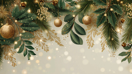 Golden Ornament Celebration: An elegantly crafted holiday scene, where lush green leaves and radiant golden ornaments converge, creating a festive display perfect for the season of joy. 