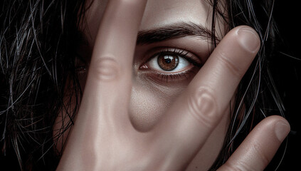 Eye peering through a hand reveals quiet vulnerability
