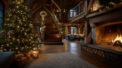 Cozy Christmas Interior: A warm and inviting Christmas scene with a decorated Christmas tree, festive adornments, and a roaring fireplace, evoking feelings of holiday cheer and comfortable home life.