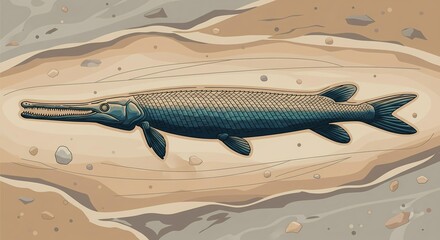 Alligator gar fish fossil illustration embedded in layered rock with scattered stones. Scientific drawing style. Paleontology and prehistoric life concept