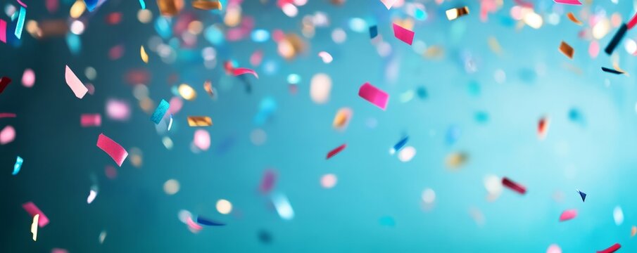 Bright colorful confetti falling, creating a festive party background. Bokeh lights add to the celebratory atmosphere