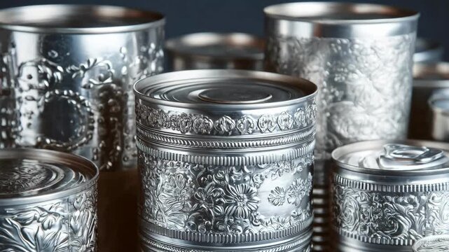 Steel can ends for food cans displayed in a medium shot focusing on various embossed designs and sturdy construction for preservation.