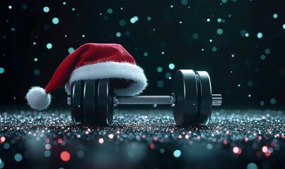Dumbbell with a santa hat resting on top, surrounded by sparkling glitter and bokeh lights, representing festive fitness