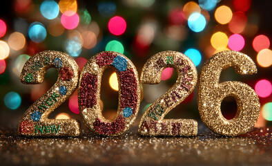 2026 Happy New Year Illustration with Gold Glitter Number and Colorful Bokeh Lights on Vibrant Particle Background. Vector Christmas Holiday Season Design with Typography Lettering for Greeting Card