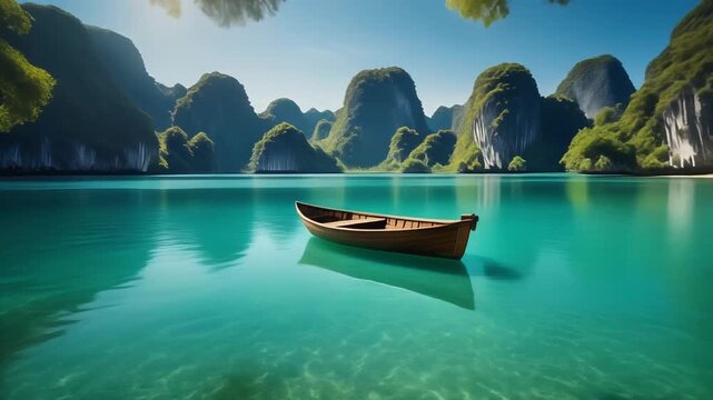 Wooden boat floating on crystal clear turquoise water in a tropical bay with limestone mountains and bright sunlight.
