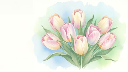 Obraz premium Beautiful watercolor bouquet of pink and white tulips with green leaves, soft floral illustration.
