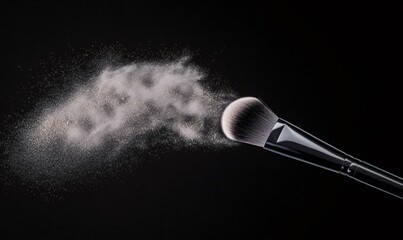Makeup brush dispersing shimmering facial powder, creating a cloud of beauty product dust against a dark background, highlighting application
