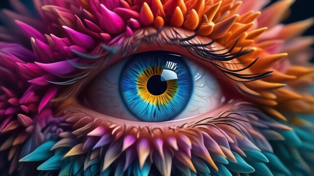 Surreal close-up of a human eye with vibrant colorful feathers and spiked textures, fantasy digital art concept.