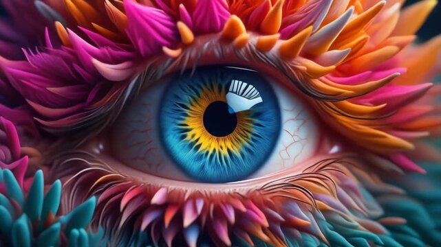 Surreal close-up of a human eye with vibrant colorful feathers and spiked textures, fantasy digital art concept.