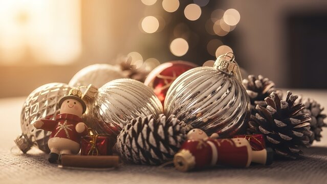Close-up of festive silver Christmas baubles, pine cones, and wooden figures with warm bokeh lights. - Powered by Adobe
