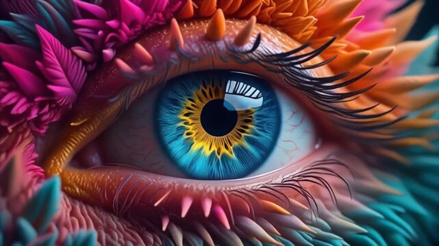 Surreal close-up of a human eye with vibrant colorful feathers and spiked textures, fantasy digital art concept.