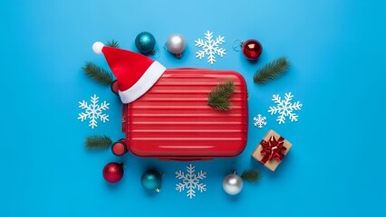 Obraz premium Textured red suitcase with Santa hat, gift, and Christmas ornaments on a light blue background with snowflakes.