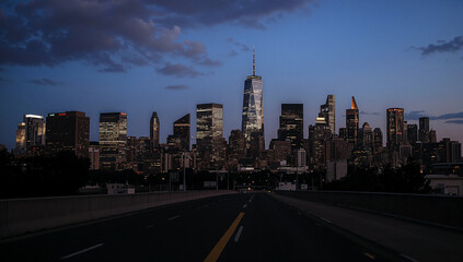 Dusk skyline over illuminated high rise city road