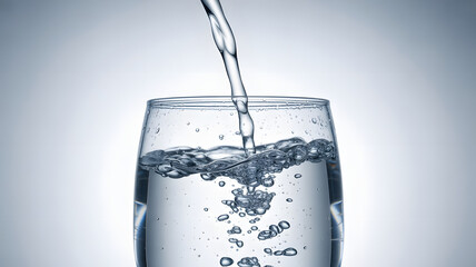 Water pouring into a clear glass creating bubbles and ripples against a light blue background studio shot