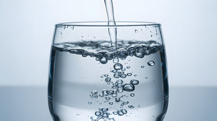 Pouring water into a glass with bubbles visible against a neutral background in a close up shot