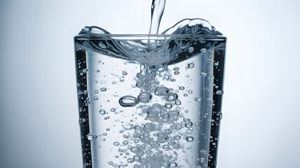 Water being poured into a glass creating bubbles and ripples against a light background image capture