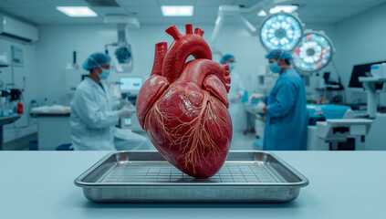 Anatomically correct human heart on surgical tray in laboratory environment