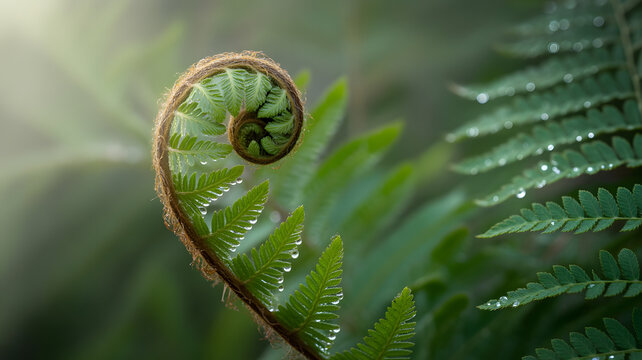 Close up of a fern frond unfurling with water droplets in a natural green environment outdoors - Powered by Adobe