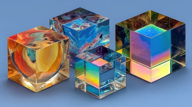 Four colorful glass cubes sit on a blue surface creating optical effects. - Powered by Adobe