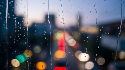 Raindrops on window with blurred city lights creating a moody and atmospheric background view outside