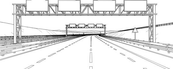 Highway Overpass Line Art Illustration with Perspective View and Blank Billboard Signs for Travel, Transportation, Infrastructure, Technology, or Road Safety Vector Content