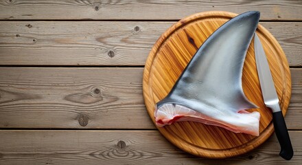 Raw shark fin with kitchen knife on round wooden cutting board over wooden table. Top-view food preparation composition. Cooking ingredients concept