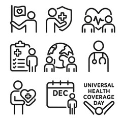 Fototapeta premium A comprehensive collection of outline (line art) icons centered around the theme of Universal Health Coverage (UHC) and healthcare access.